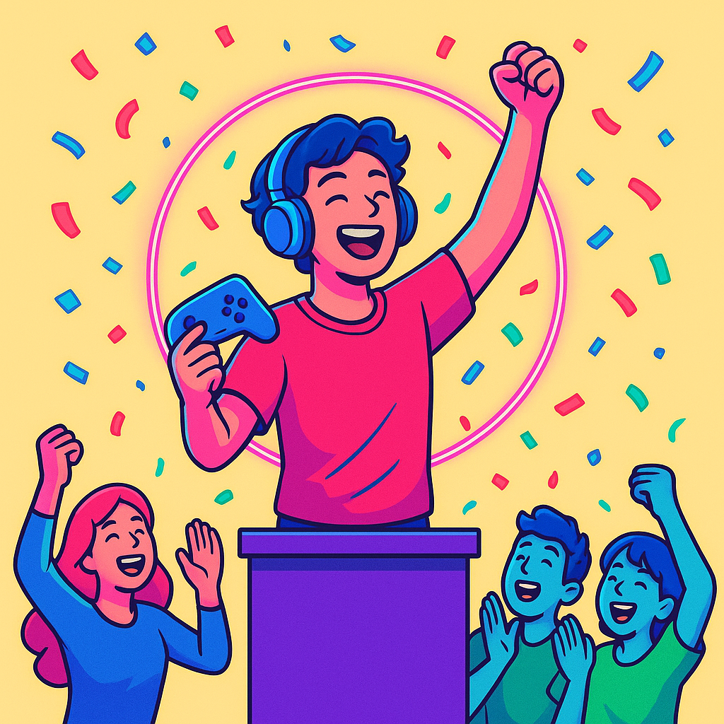 Player celebratory scene with neon confetti